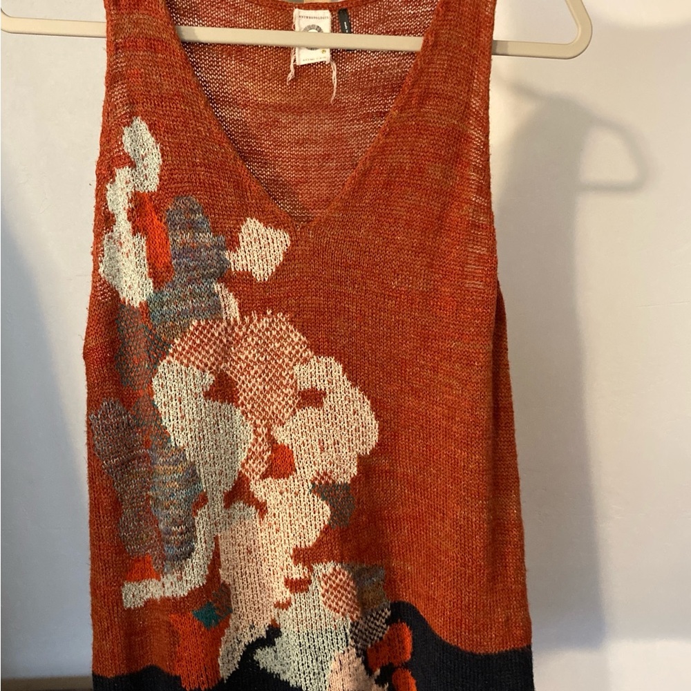 Anthropologie Rust Orange Knit Tank Top with Abstract Design